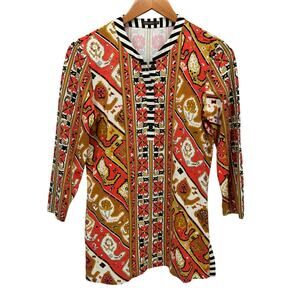 J McLaughlin Blouse Womens Small Popover 3/4 Sleeve Orange White Red V-Neck